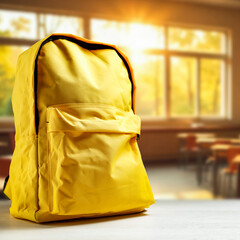 School desk with backpack in foreground and blurred classroom interior in background, concept of...