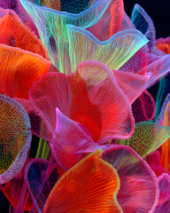 Colorful translucent flowers create an ethereal atmosphere in a floral arrangement