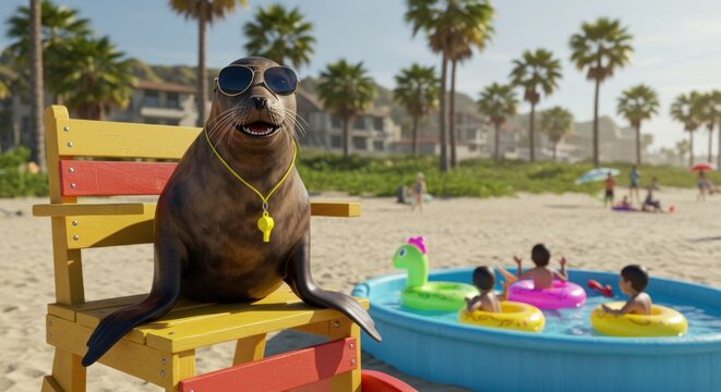 Sea lion lifeguard on beach. Kids swim - Powered by Adobe