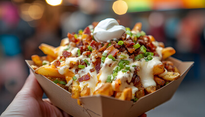 Delicious loaded fries food truck festival culinary delight outdoor atmosphere close-up view street food culture