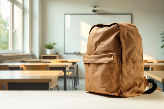 School desk with backpack in foreground and blurred classroom interior in background, concept of back to school, learning season, and product placement for education-related promotions.
