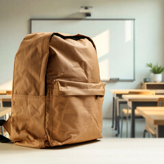 School desk with backpack in foreground and blurred classroom interior in background, concept of...