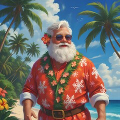 Santa Claus on vacation in Hawaii walking on the beach.