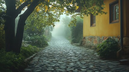 Village path under mist with cobbled stones soft morning haze and peaceful mood ideal for rural storytelling visuals