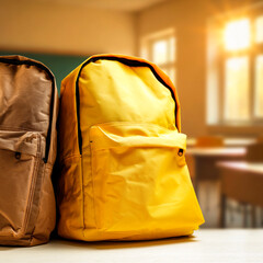 School desk with backpack in foreground and blurred classroom interior in background, concept of...