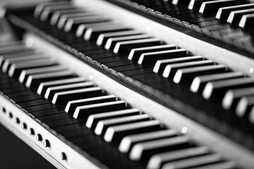 Church organ with inverted colored keys in contrasting black and white. Rows of keys in four levels...