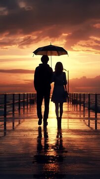 Silhouetted Couple Walking Under Umbrella on Wet Pier at Orange Sunset and Dark Sky in Anime Style