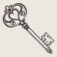 Elegant silhouette of a vintage key with a heart-shaped top in black vector style. Ideal for romantic designs, wedding invitations, Valentine’s Day cards, antique-themed projects