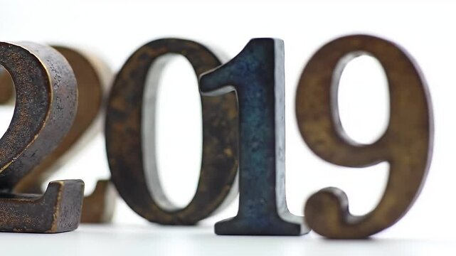 Rustic Metallic Year 2019 Numbers on White Background Showing Old Vintage Style for Celebration and Decoration Isolated