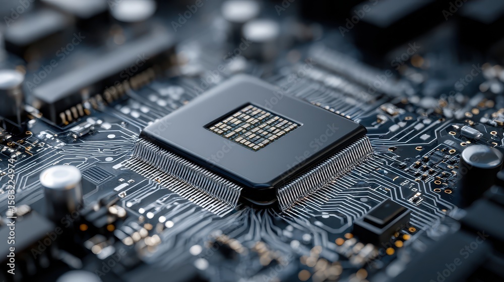 Poster macro shot of a dark modern circuit board with a black processor. ideal for illustrating technology,