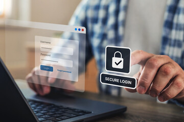 User logging into secure digital platform with password and username on virtual interface screen representing cybersecurity and data privacy protection