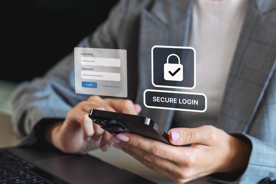 Businesswoman using smartphone for secure login on digital interface Cyber security and password protection concept with modern data access authentication technology