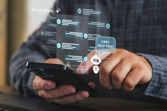 Closeup of male hand using smartphone with AI chatbot assistant interface Holographic virtual bot messages on mobile screen as modern communication technology - Powered by Adobe