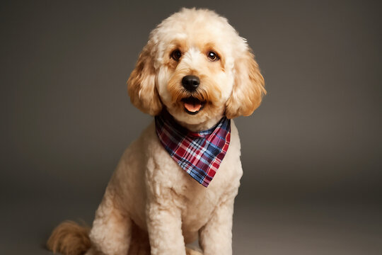 A cute Labradoodle puppy with curly fur poses wearing a stylish plaid bandana on a neutral gray studio backdrop.