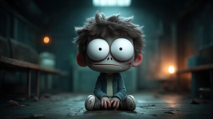 Sad, wide-eyed cartoon child with messy hair and a facial wound in a dark, empty hall.