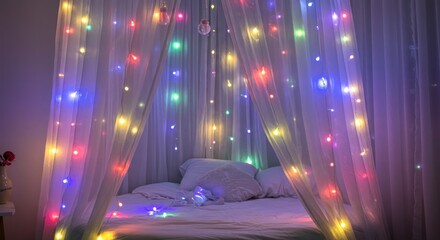 Soft bed canopy with fairy lights