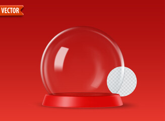 Empty 3d glass snow globes isolated on red background with space for custom designs. Christmas decorative podium with transparent glass dome for products studio. Vector illustration render snow ball.