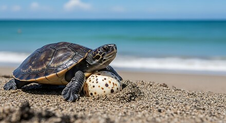 Obraz premium A slow, wild sea turtle with a green shell walks on the sand of a sunny beach