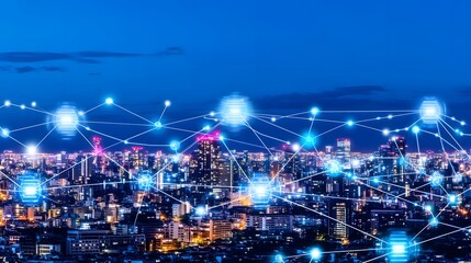 Obraz premium Illuminated city at night with a network overlay.