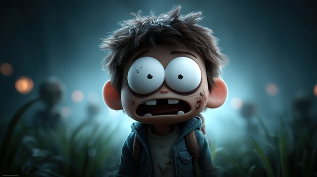 Scared Animated Boy with Wide Eyes and Messy Hair in a Mysterious Night Field