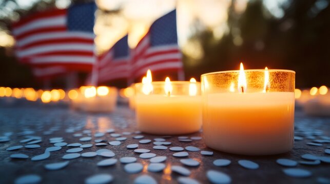 Burning candles commemorating a patriotic event with american flags