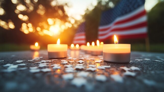 Burning votive candles with american flag and star confetti at sunset - Powered by Adobe
