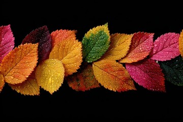 Colorful autumn leaves covered with water droplets on a black background. Use it for designs about nature, seasons, weather, or Thanksgiving.