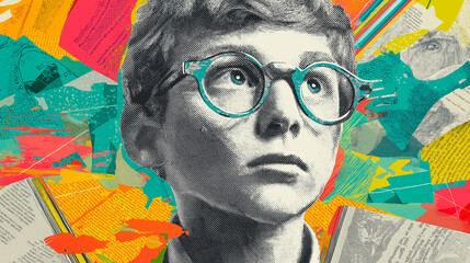 Young boy with reading glasses looking thoughtfully at books  
