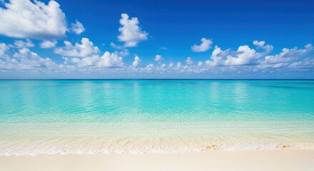 Fototapeta premium Photo of a beautiful tropical beach with turquoise water and white sand under a bright blue sky with fluffy clouds
