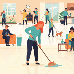 Flat Illustration Various People Doing Housework and Other Home Activities
