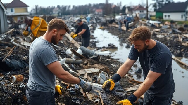 Volunteers cleaning up debris after natural disaster in residential area