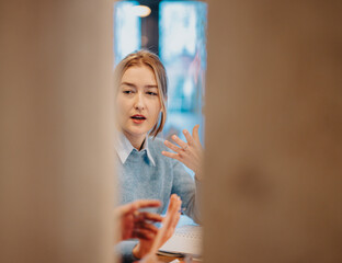 A business professional passionately discusses ideas with colleagues during a collaborative team...