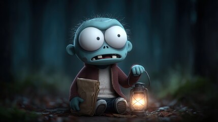 Adorable Cartoon Zombie with Glowing Lantern and Paper Bags in Spooky Woods