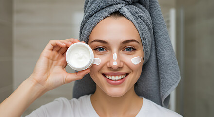 Fototapeta premium Young Woman Applying Face Cream in Bathroom