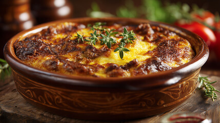 Curried minced meat bobotie in a brown dish with herbs and tomatoes  