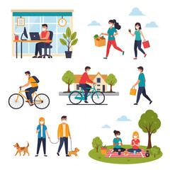 Fototapeta premium Flat Style Illustration of People Doing Activities While Wearing Mask