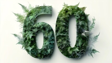 Number sixty made of green moss and ferns on white background