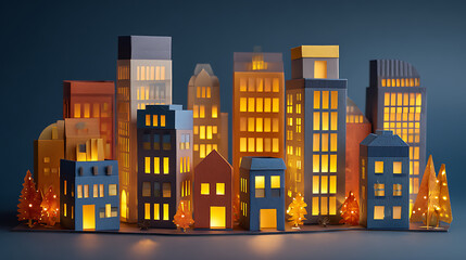 Paper Cut Cityscape with Illuminated Windows and Festive Trees on Dark Background