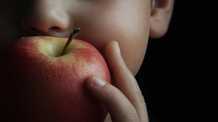 Child holding a red apple with a bite mark in a dark setting  