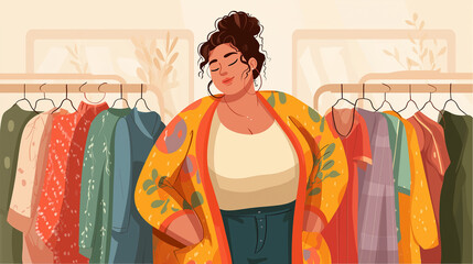 Confident plus-size woman shopping in colorful clothing store  