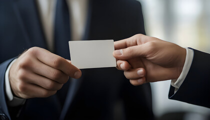 Fototapeta premium Close-up of a male professional in a suit handing a blank calling card to a visitor