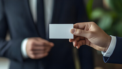Fototapeta premium Close-up of a male professional in a suit handing a blank calling card to a visitor