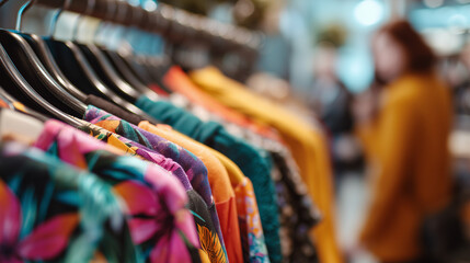 Colorful clothing rack with floral shirts in boutique setting  
