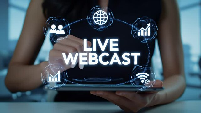 Woman Using Digital Tablet for Live Webcast with Glowing Icons and Data Visualizations Overlays Against Blurred Background for Business and Connection