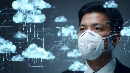 Asian Man in Suit and White Mask with Glowing Cloud Network Interface Against Gray Background Modern Digital Connectivity and Data Protection Concept - Powered by Adobe