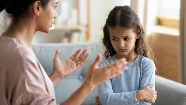 Angry mother scolding her daughter in a domestic dispute. Family conflict, discipline and parental authority.