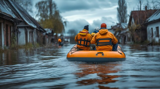 Rescue team navigating flooded village after natural disaster