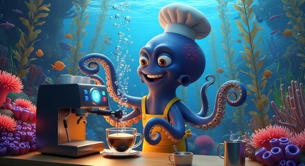 A blue octopus chef in an underwater setting makes coffee with an espresso machine, surrounded by coral and fish.