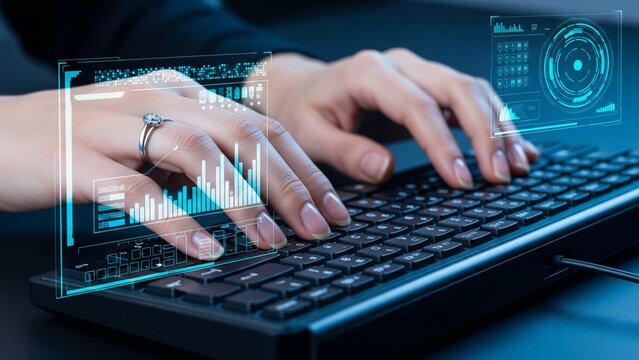 Close-up of hands typing on keyboard with futuristic digital HUD elements overlay, blue tone