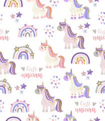 Pattern of cute unicorns and rainbows on a white background.
